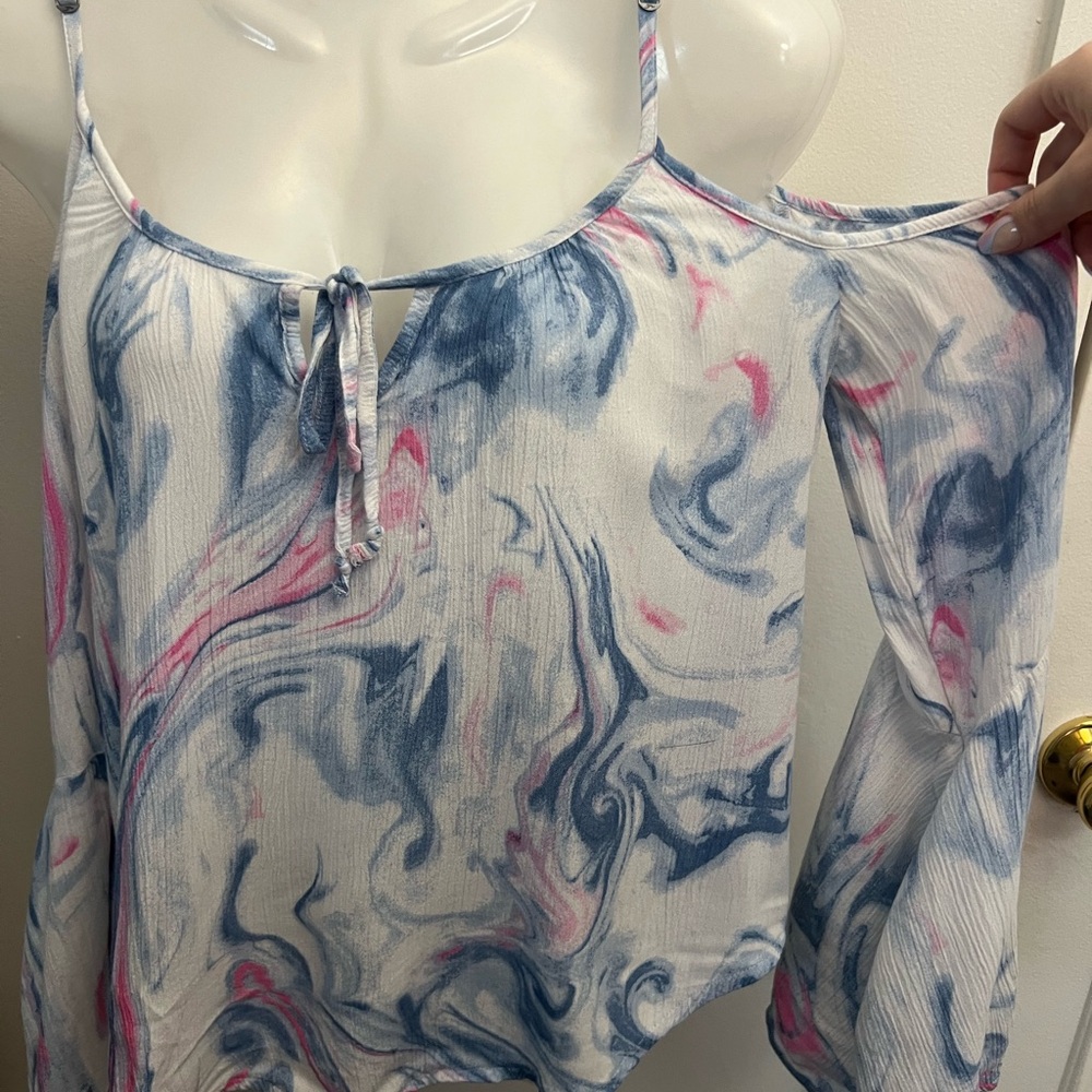 Hollister Blue & Pink Swirl Cold-Shoulder Bell Sleeve Blouse